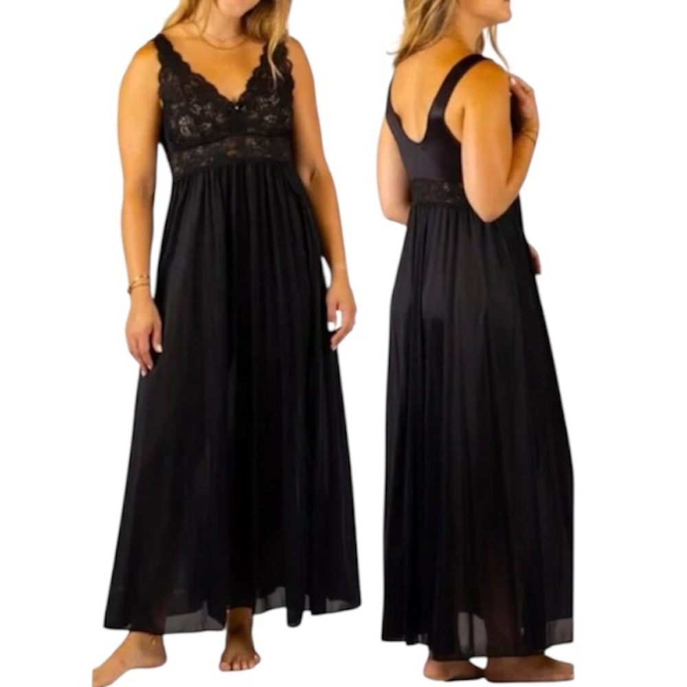 Shadowline Silhouette Black Lace‎ Bodice Long Nightgown Size Medium NWOT